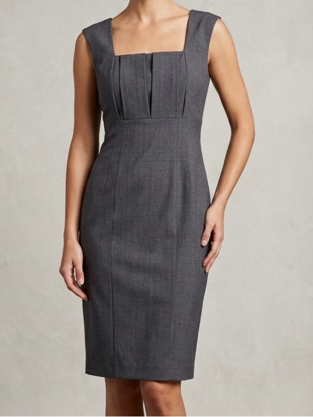Calvin Klein gray pleated square neckline sleeveless sheath midi dress